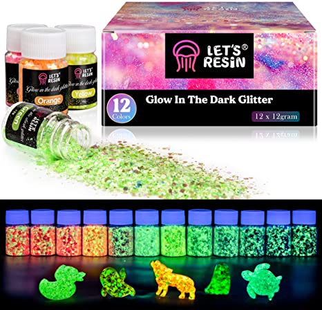 Glow in The Dark Glitter, LET'S RESIN 12 Colors Luminous Chunky Glitter, 0.42oz/Bottle High Luminance Cosmetic Grade Glitter, Chunky Glitter for Resin, Nail, Cosmetic, Skin, Slime, Tumblers, Halloween