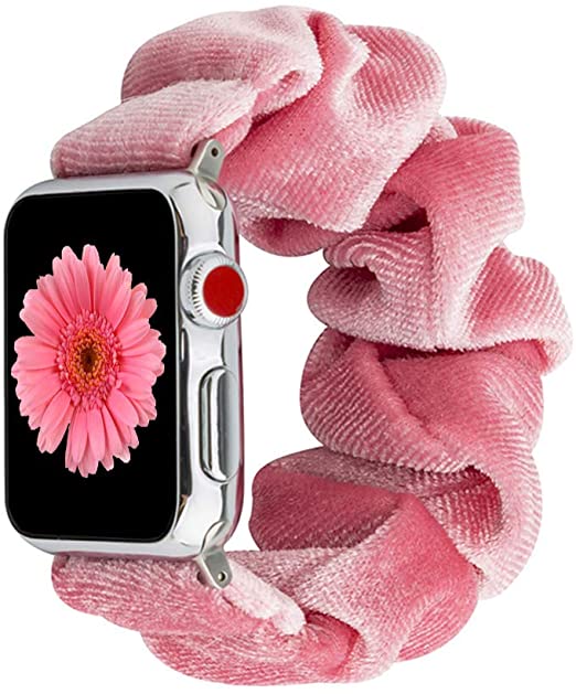 Scrunchie Elastic Band Compatible for Apple Watch Band 38mm 40mm 42mm 44mm, women Cloth Cow Print Replacement Wristband for IWatch Series 6 5 3 4 2 1, 38mm 40mm Pink