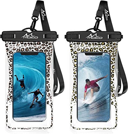 MoKo Waterproof Phone Pouch Holder 2-Pack, Floating Case Dry Bag with Lanyard Compatible with iPhone 13/13 Pro Max/12/11 Pro/SE 3, Galaxy S21 Ultra/S9/Note 10 /20 Ultra, Leopard Yellow   Leopard Brown