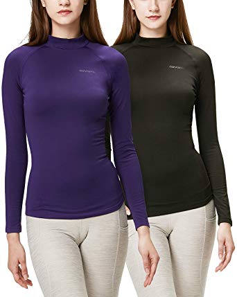 DEVOPS Women's 2 Pack Thermal Heat-Chain Compression Baselayer Tops Mock Turtleneck Long Sleeve T-Shirts