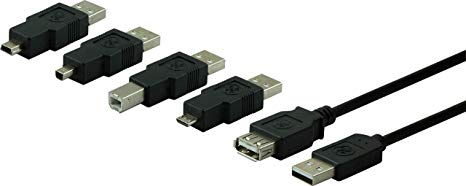 GE Universal USB 2.0 Adapter Kit, 6ft. A Male to A Female Cable, 4 Adapters Included: A Male to B Male, A Male to Mini B (4 Pin), A Male to Mini B (5 Pin), A Male to Micro USB, USB 1.1 Compatible, 33758