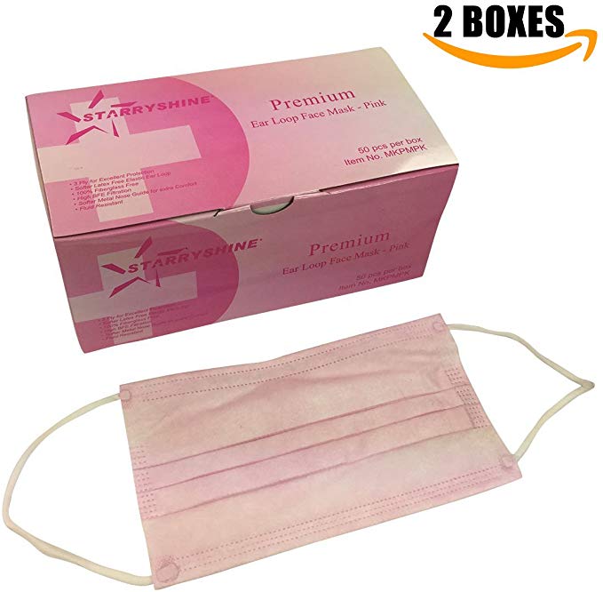 3-Ply Premium Dental Surgical Medical Disposable Earloop Face Masks (FDA APPROVED) (100 PCS / 2 BOXES, PINK)