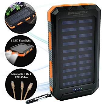 SPEEDWOLF 15,000MAH Waterproof Dual USB Portable Chargers Solar power bank battery for Iphone Ipad android cellphones with 3in1 USB cable and 2LED flashlight for Emergency Outdoor Camping Travel