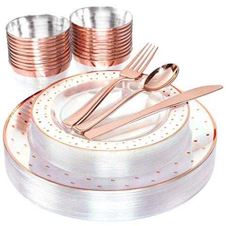 BUCLA 25guest Rose Gold Plastic Plates with Disposable Plastic Silverware&9oz Cups- Dot Plastic Dinnerware include 25 Dinner Plates, 25 Salad Plates, 25 Forks, 25 Knives, 25 Spoons,25Cups