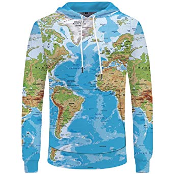 KYKU Men Women 3D Printed Hoodies World Map Plus Sweatshirts Pullover Big Pocket