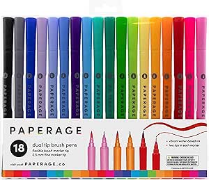 PAPERAGE Dual Tip Brush Pens (4.0mm Brush Tip   0.5mm Fine Tip), Rainbow, 18 Pack Dual Tip Brush Pen Set for Drawing, Hand-Lettering, Calligraphy, Journaling and More