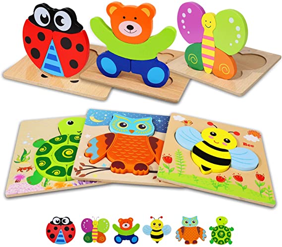 Toddler Puzzles, Wooden Jigsaw Puzzles for 2 Year Old Animals & Insects Puzzles Bundle for 1 2 3 Year Old Girls Boys Toddlers, Educational Preschool Toys Colors & Shapes Cognition Skill Learning