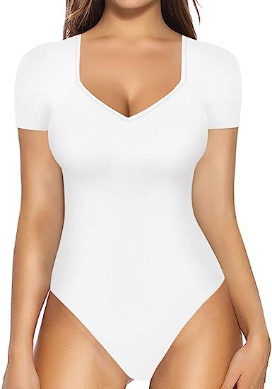 MANGOPOP Sweetheart V Neck Bodysuit for Women Short Sleeve Long Sleeve Body Suits Tops