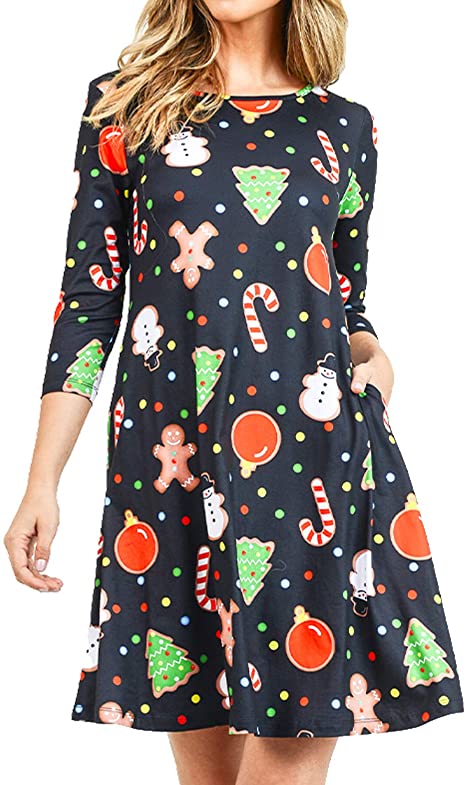 Women’s Printed Crew Neck A-Line Dresses with Pockets Casual Tropical Floral Novelty Animal Christmas Patterns