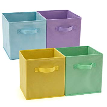 EZOWare Set of 4 Foldable Fabric Basket Bins, Collapsible Storage Cube for Nursery Home and Office - Multi-Color (11 x 10.5 x 10.5 inch)