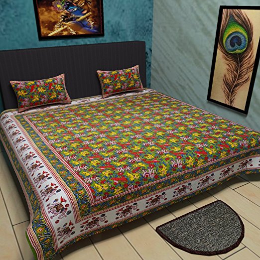 traditional mafia rses70111117 Wild Flower Pure Cotton Printed Double Bedsheet with 2 Pillow Covers, King, Green