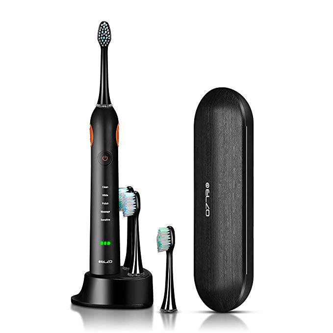 ELZO Electric Toothbrush Rechargeable for Adults, 5 Modes with 2 Min Build in Timer, IPX7 Waterproof with 4 Replacement Heads, Wireless Rechargeable Charging Portable Sonic Toothbrush - Black