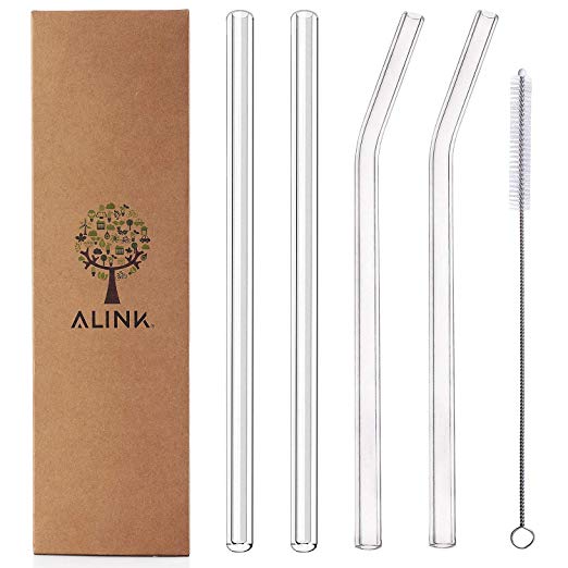 Alink Clear Glass Straws, 9 in X 10 mm Reusable Straight & Bent Smoothie Straws, Set of 4 with Cleaning Brush