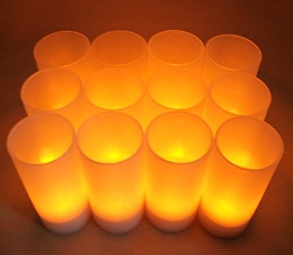 Set of 12 Restaurant Quality Rechargeable Tealights/ Flickering Amber LEDs   12 Frosted Holders