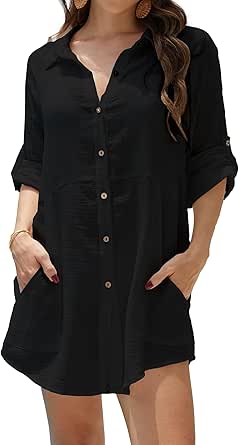 Bsubseach Bathing Suit Cover Up for Women Cotton Swim Coverup Long Sleeve Shirt Dress Beachwear