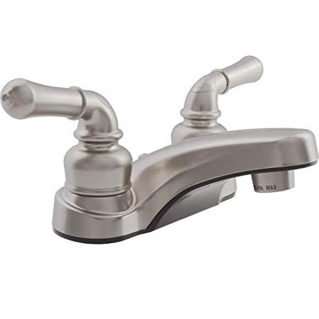 Dura Faucet RV Bathroom Faucet with Arced Spout and Traditional Two Lever Operation for Recreational Vehicles, Travel Trailers, Motorhomes, and 5th Wheels (Brushed Satin Nickel)