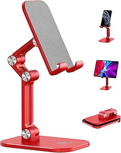 OCYCLONE Phone Stand, Adjustable Height and Angle Cell Phone Stand for Desk Foldable Holder, Taller iPhone Stand Compatible 4-11 Inch All Mobile Phone/iPad/Tablet - Red