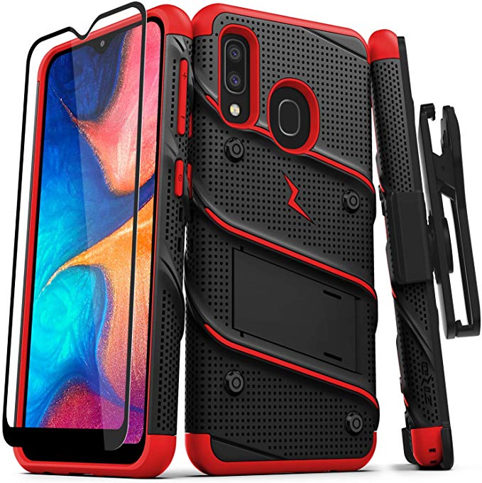 ZIZO Bolt Series Samsung Galaxy A20 Case | Heavy-Duty Military-Grade Drop Protection w/Kickstand Included Belt Clip Holster Tempered Glass Lanyard Galaxy A50 - Black/Red