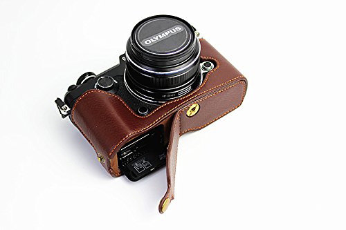 Bottom Opening Version Protective Genuine Real Leather Half Camera Case Bag Cover with Tripod Design for Olympus PEN-F Camera with Genuine Real Leather Hand Strap Dark Brown