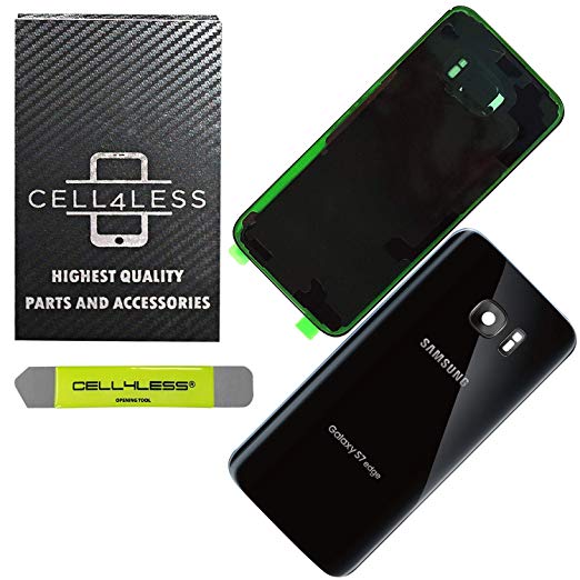 CELL4LESS Compatible Back Glass Cover Back Door w/Installed Camera Lens, Removal Tool & Pre-Installed Adhesive Compatible with Samsung Galaxy S7 Edge- All Models G935-2 Logo -(Black)