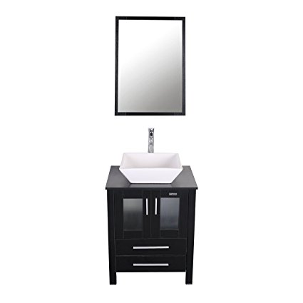 Eclife 24 inch Modern Bathroom Vanity Units Cabinet And Sink Stand Pedestal with White Square Ceramic Vessel Sink with Chrome Bathroom Solid Brass Faucet and Pop Up Drain Combo A07B01