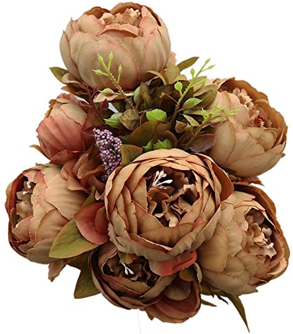 Luyue Vintage Artificial Peony Silk Flowers Bouquet, Coffee