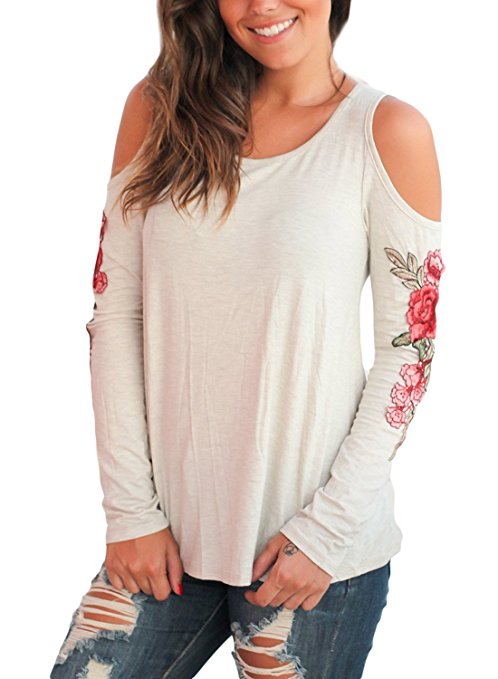 Dokotoo Womens Casual Crewneck Floral Embroidered Long Sleeve Cold Open Shoulder Blouses Tops