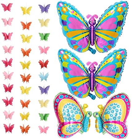 Butterfly Decoration Party Balloons Kit-Butterfly Balloon and Butterfly Hanging Garland 3D Paper Bunting Banner Party Decorations Wedding Baby Shower Home Decor 3 Pack 3 Colors, 118 inch Long Each