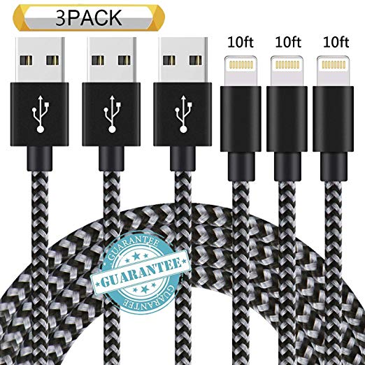 DANTENG Phone Charger 3Pack 10FT Nylon Braided Charging Cables USB Charger Cord, Compatible with Phone Xs MAX XR X 8 8 Plus 7 6 6 Plus 5 SE Pad Pod Nano - Black Grey