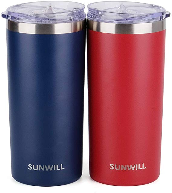 SUNWILL Coffee Mug with Lid, Vacuum Insulated Skinny Tumbler Lowball, Double Wall Stainless Steel Coffee Cup for Travel, Indoor and Outdoor 14oz, Powder Coated Navy & Wine 2 Pack