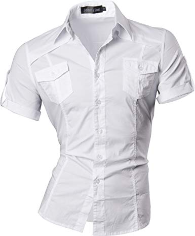jeansian Men's Casual Slim Fit Short Sleeves Dress Shirts Tops 8360