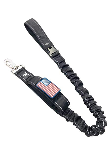 TACTICAL BUNGEE K9 DOG LEASH - 1.5" INCH WIDE DOG LEASHES FOR XL DOGS HEAVY DUTY NYLON ELASTIC STRETCH SHOCK ABSORBING MILITARY DOGS TRAINING LEASHES WITH REMOVABLE AMERICAN FLAG PATCH