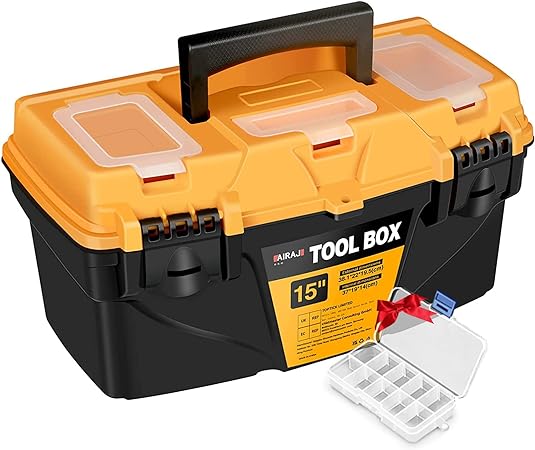 AIRAJ 15" Tool Box with Double Locking Buckle, Lightweight Plastic Tool Box with Removable Tray and Small Parts Box,Portable Tool Storage Box for Tools(38.1 * 22 * 19.5cm)