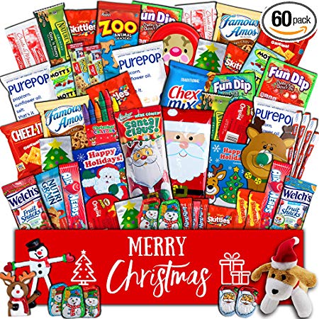 Christmas Gift Package (60count) - Large Snacks Box with Assortment of Festive Holiday Candy, Chocolates, Cookies, Toys - Present for Kids, Children, Grandchildren, Boys, Girls, College Students