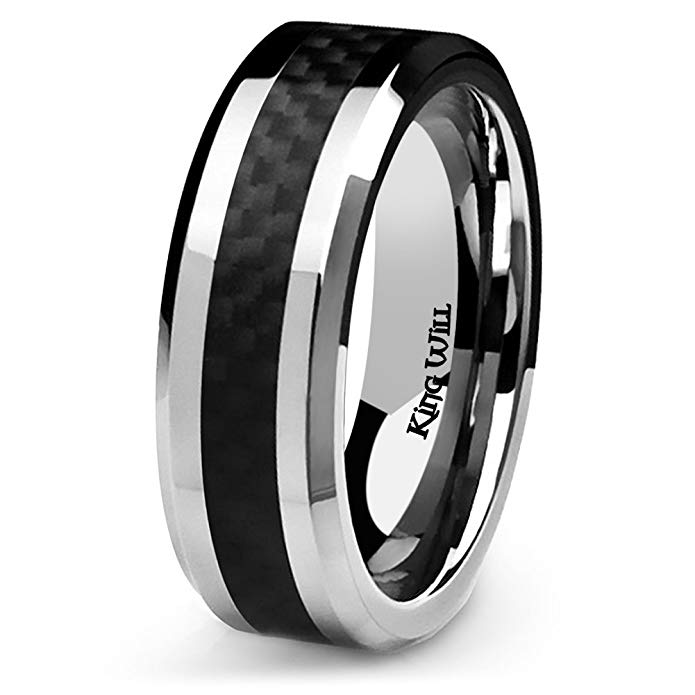 King Will GENTLEMAN 7MM Mens Black Carbon Fiber Titanium Ring Wedding Band Comfort Fit Beveled Edge