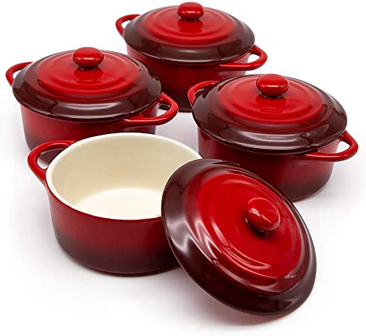 12oz Mini Cocotte, by Kook, Casserole Dish, Dutch Oven, Ceramic Make, Easy to Lift Lid, Crimson Red, Set of 4,