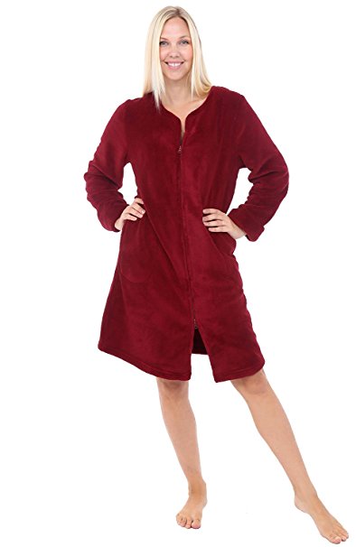 Alexander Del Rossa Womens Fleece Robe, Mid-Length Zip-Front Bathrobe