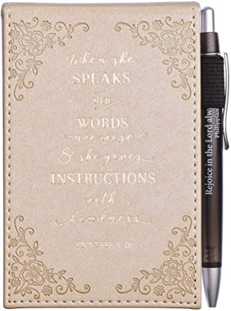 Christian Art Gifts Taupe Faux Leather Pocket Notepad | When She Speaks – Proverbs 31 Woman Bible Verse | Memo Pad/Mini Notebook w/Pen, 96 Lined Sheets w/Scripture