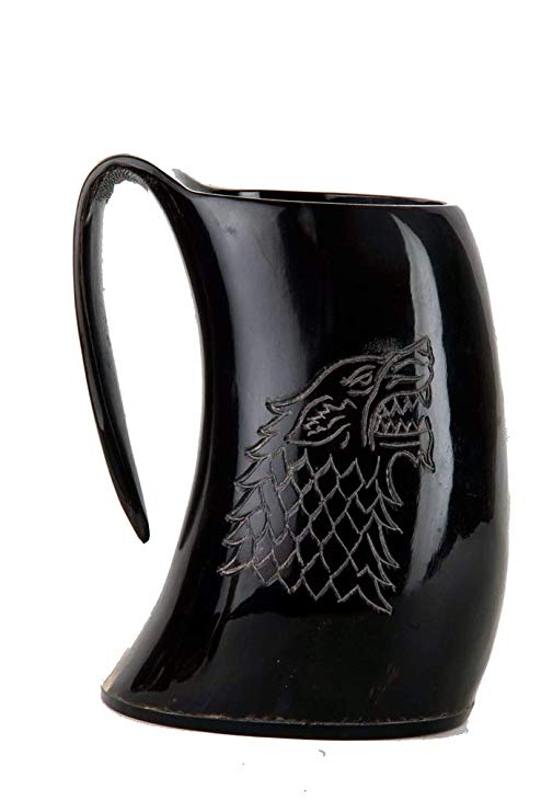 Buddha4all Game of Thrones Stark House Viking Drinking Horn Mug(26 oz) Wolf Carved tankard for Beer Wine Mead ale with Horn Shot Glass(2 oz)