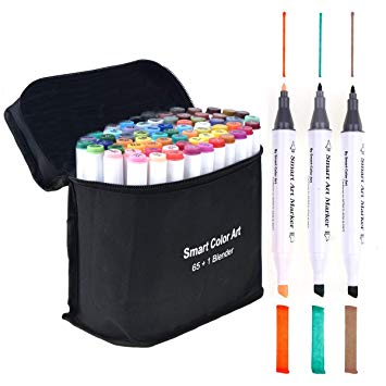 Art Markers, 65 Colors Markers and 1 Blender, 66 Pack Alcohol Based Dual Tip Permanent Markers Highlighters with Case, Excellent for Adults Kids Coloring Marking Drawing Sketching by Smart Color Art