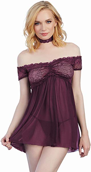 Dreamgirl Women's Stretch Mesh Off The Shoulder Babydoll with G-String Set, Plum, One Size
