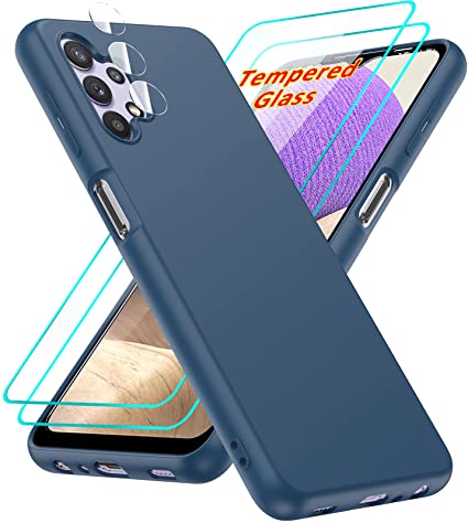 Samsung A32 5G Case, Galaxy A32 5G Case with [2 Pack] Tempered Glass Screen Protector & Camera Lens Protector, LeYi Liquid Silicone Soft Microfiber Liner Phone Case for Samsung Galaxy A32 5G, Blue