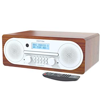 AZATOM Clockwood DAB CD player - FM Radio - Bluetooth - Stereo Speaker System - Clock Radio - USB Charging - Premium Sound (Walnut)