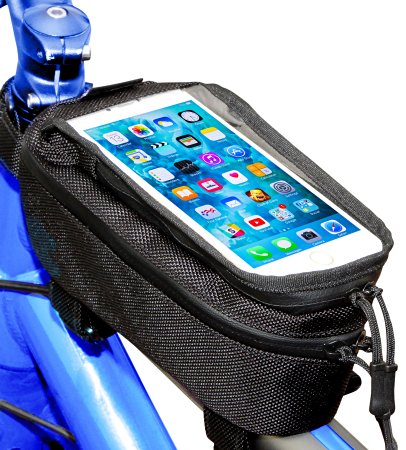 Aero Leather Sealed Water Resistant Bike Front Top Tube Phone Bag With 12 Months Warranty, Cycling Frame Bag, Bicycle Mount Smartphone Holder, Mountain Road Cycling Mobile Phone Pouch, Touchscreen Pannier for iPhone 7/7/6S, Samsung Galaxy S7/6/5 Edge and Other Phones up to 5.7 Inches