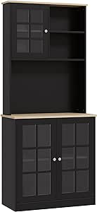 HOMCOM Buffet de Cuisine Armoire de Cuisine Multi-rangements 3 Portes vitrine Verre avec étagère 2 niches Grand Plateau MDF Noir chêne