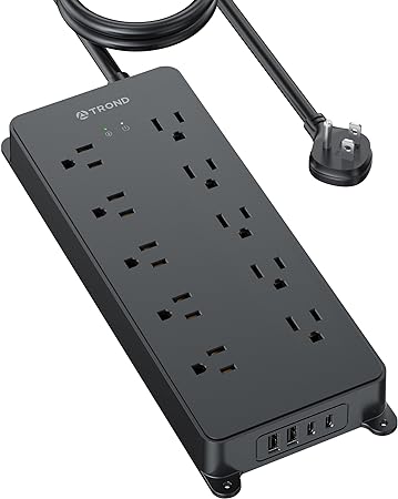 TROND Surge Protector Power Strip 10ft, 4000J, ETL Listed, 10 Widely Spaced Outlets, 2 USB A & 2 USB C Ports, Flat Plug Long Extension Cord, Wall Mountable, for Home Office Entertainment, Black