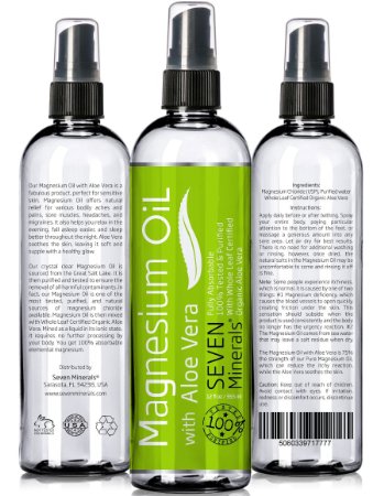Magnesium Oil with ALOE VERA - LESS ITCHY - Made in USA - FREE E-BOOK - Big 12oz - SEE RESULTS OR MONEY BACK - Cure for Restless Legs Leg Cramps Sore Muscles Get Healthy Hair and Skin Sleep Better