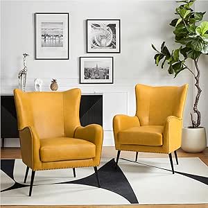 HULALA HOME Faux Leather Accent Chair Set of 2 w/Removable Cushion, Comfy Upholstered Armchair with Metal Legs & Nailhead Trim Wingback Vanity Chair Desk Chair for Reading Living Room Bedroom, Yellow