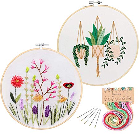 2 Pack Embroidery Starter Kit with Pattern, Kissbuty Full Range of Stamped Embroidery Kit Including Embroidery Cloth with Pattern, Bamboo Embroidery Hoop, Color Threads and Tools Kit Embroidery Kit-1