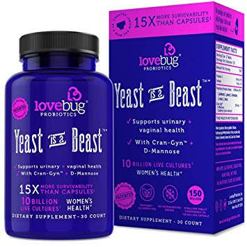 LoveBug Probiotics - Daily Probiotic for Women, Yeast is a Beast, Delayed Release Probiotic Tablets with Cranberry and D-Mannose Supplement - Promotes Urinary Tract Health (60)